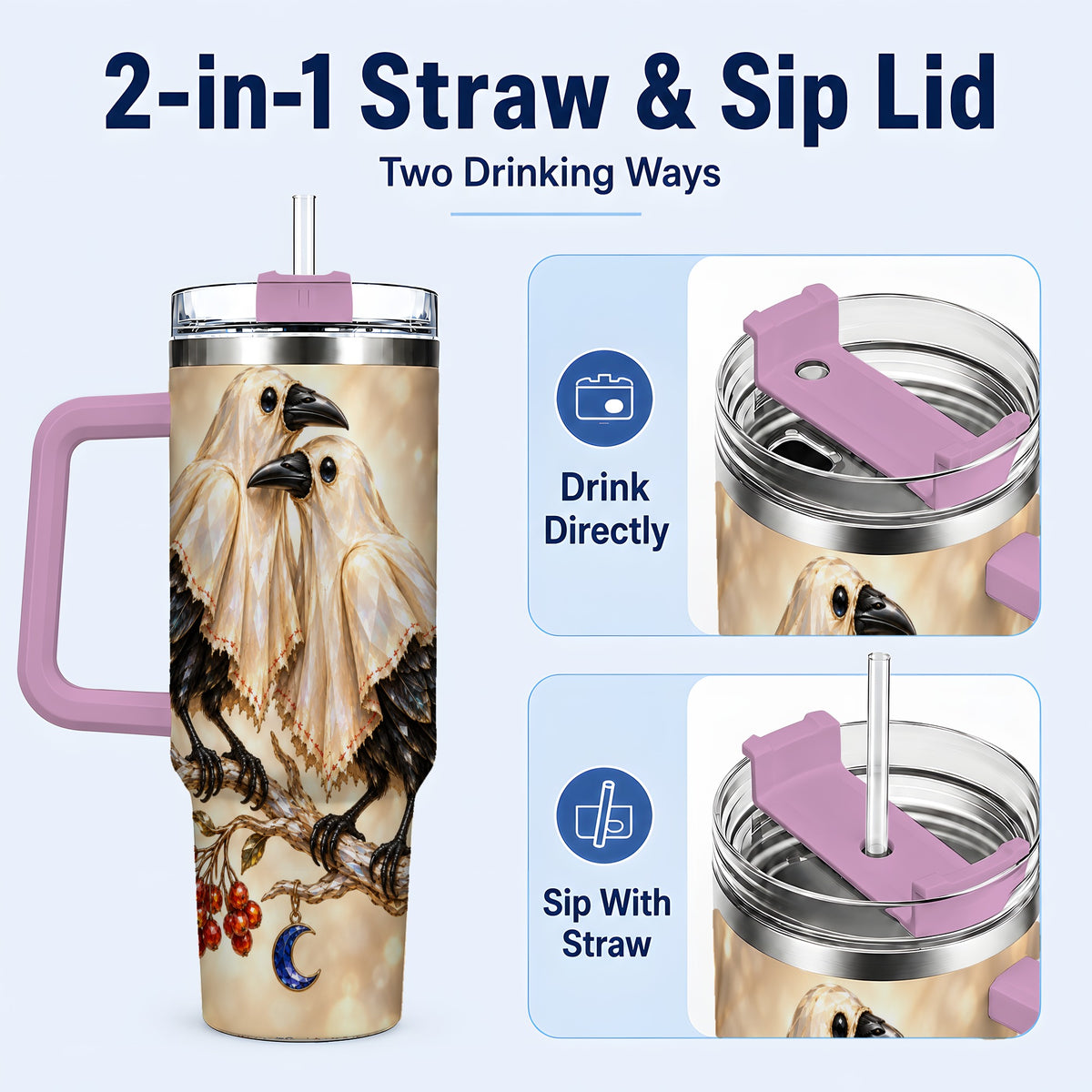 #pl[40oz|Pink] Crystal Raven 40oz Tumbler with Handle, Gothic Bird Travel Cup