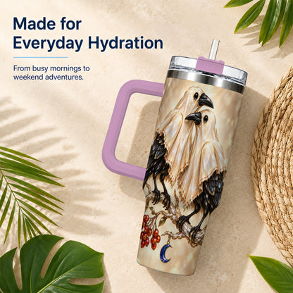 #pl[40oz|Pink] Crystal Raven 40oz Tumbler with Handle, Gothic Bird Travel Cup