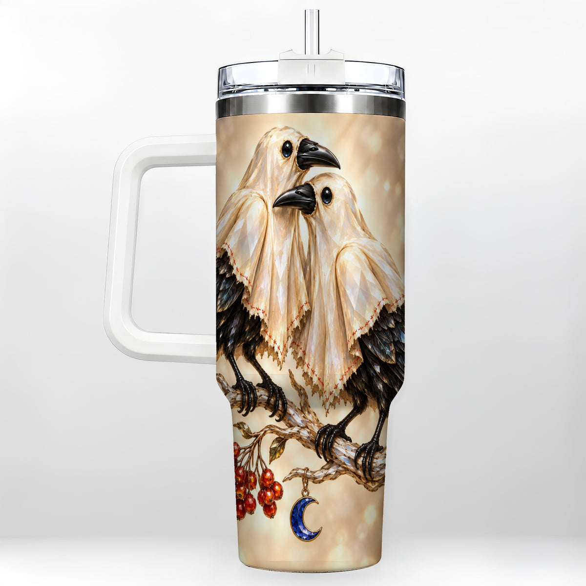 Crystal Raven 40oz Tumbler with Handle, Gothic Bird Travel Cup