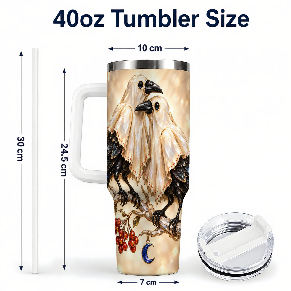 #pl[40oz|White] Crystal Raven 40oz Tumbler with Handle, Gothic Bird Travel Cup