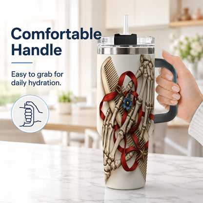 #pl[40oz|Black] Skeleton Hands 40oz Tumbler with Handle, Hair Comb Travel Cup