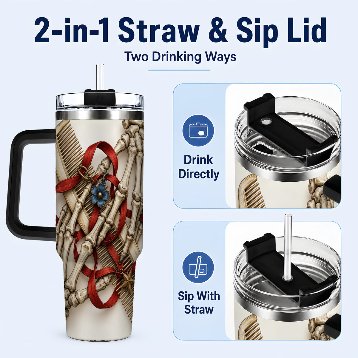 #pl[40oz|Black] Skeleton Hands 40oz Tumbler with Handle, Hair Comb Travel Cup