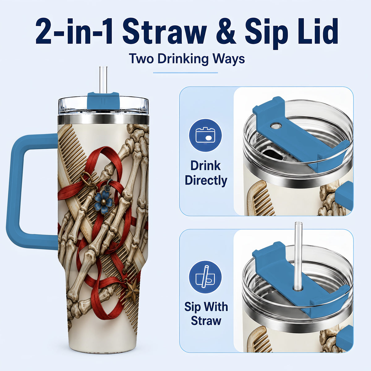#pl[40oz|Blue] Skeleton Hands 40oz Tumbler with Handle, Hair Comb Travel Cup