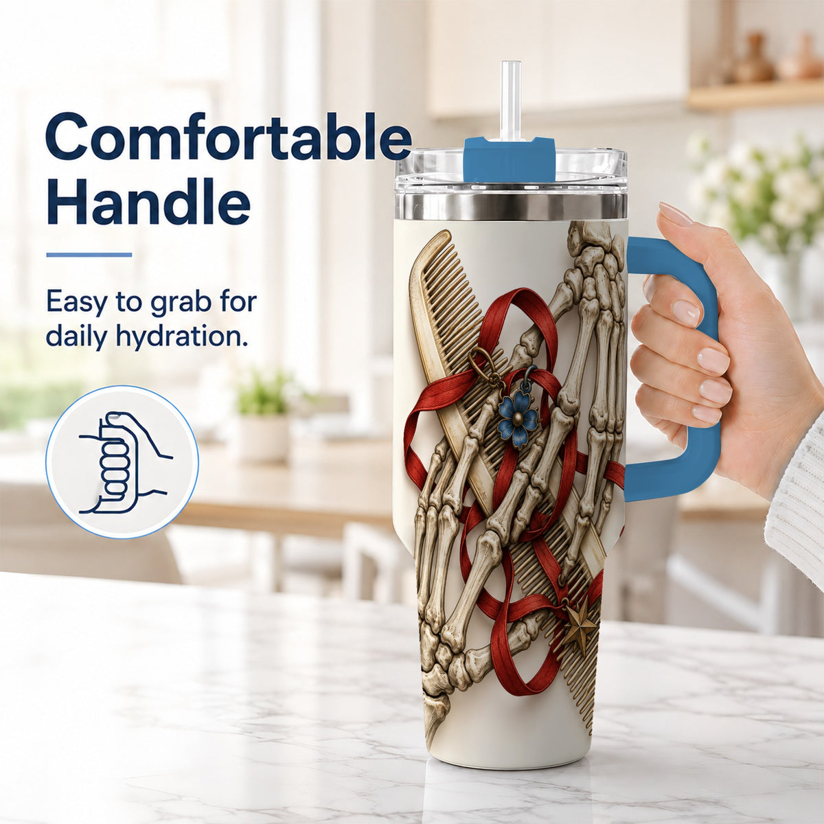 #pl[40oz|Blue] Skeleton Hands 40oz Tumbler with Handle, Hair Comb Travel Cup