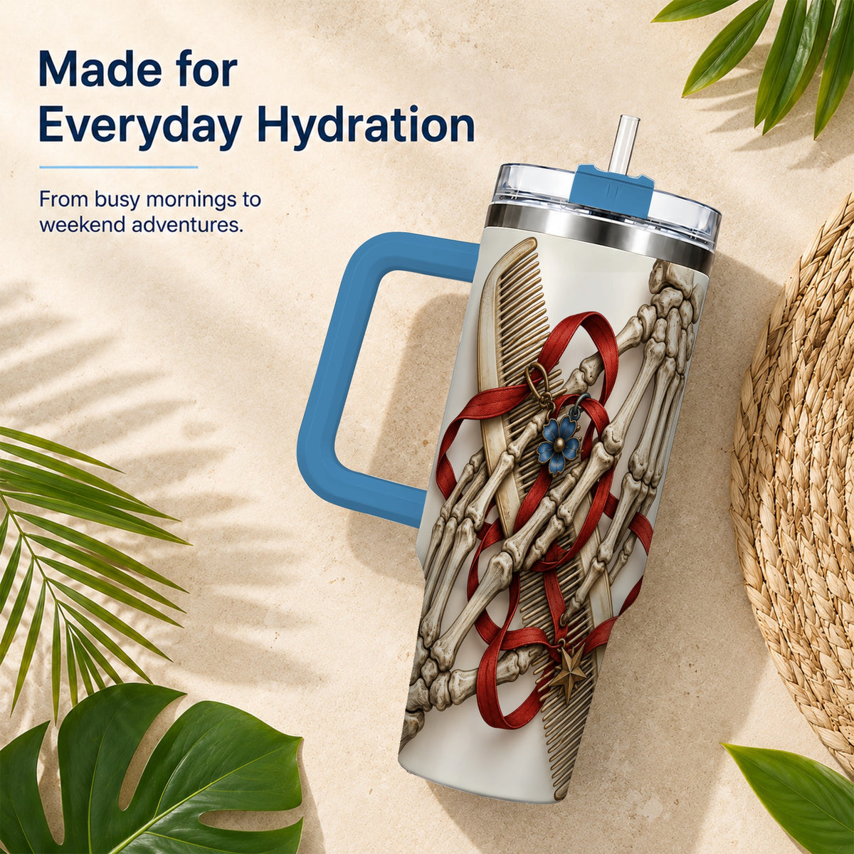 #pl[40oz|Blue] Skeleton Hands 40oz Tumbler with Handle, Hair Comb Travel Cup