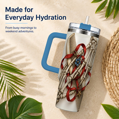 #pl[40oz|Blue] Skeleton Hands 40oz Tumbler with Handle, Hair Comb Travel Cup