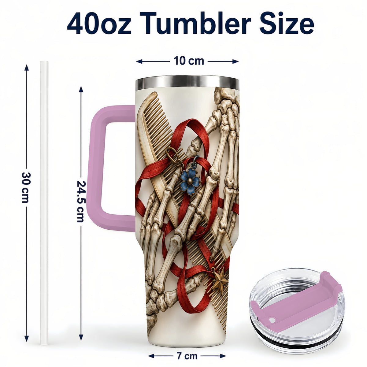 #pl[40oz|Pink] Skeleton Hands 40oz Tumbler with Handle, Hair Comb Travel Cup