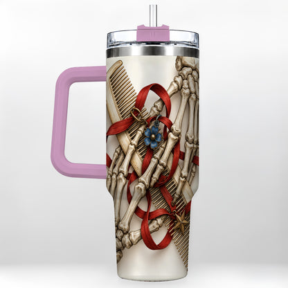 #pl[40oz|Pink] Skeleton Hands 40oz Tumbler with Handle, Hair Comb Travel Cup