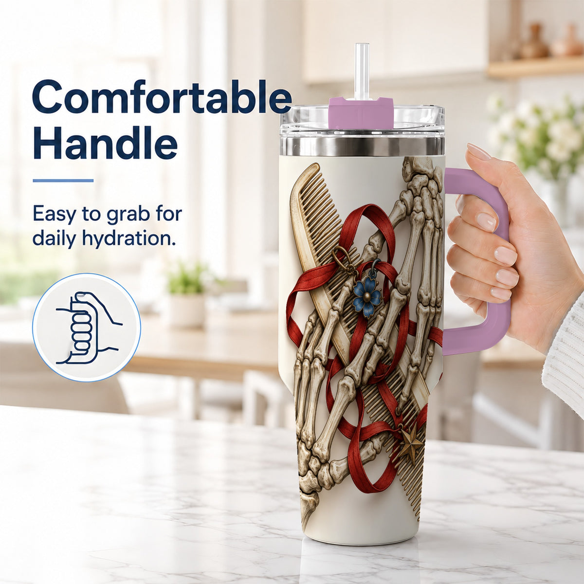 #pl[40oz|Pink] Skeleton Hands 40oz Tumbler with Handle, Hair Comb Travel Cup