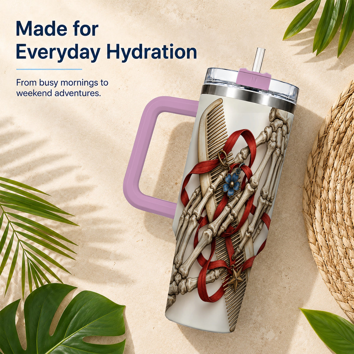#pl[40oz|Pink] Skeleton Hands 40oz Tumbler with Handle, Hair Comb Travel Cup