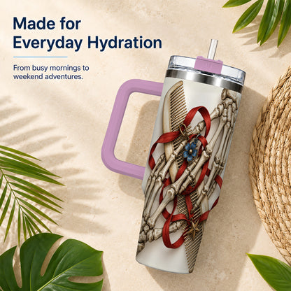 #pl[40oz|Pink] Skeleton Hands 40oz Tumbler with Handle, Hair Comb Travel Cup