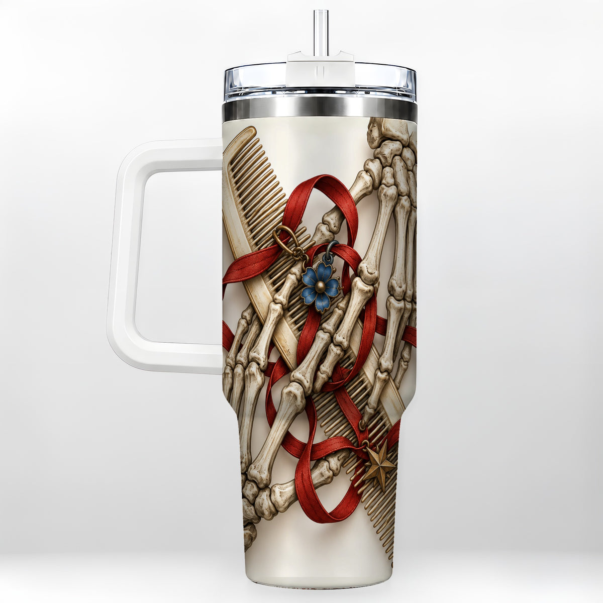 Skeleton Hands 40oz Tumbler with Handle, Hair Comb Travel Cup