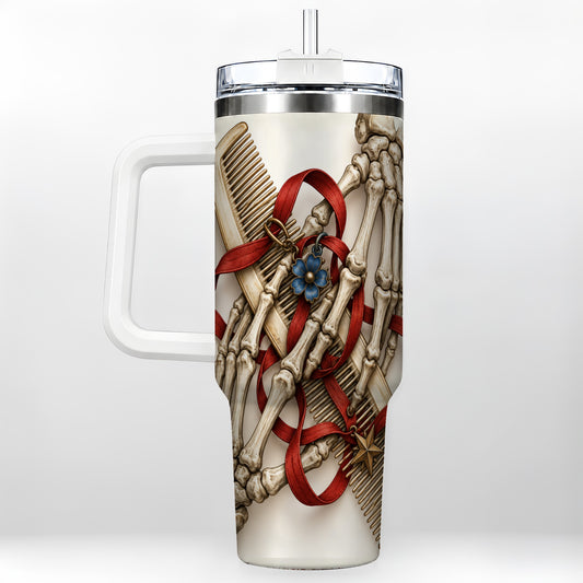 Skeleton Hands 40oz Tumbler with Handle, Hair Comb Travel Cup