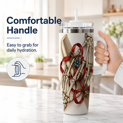 #pl[40oz|White] Skeleton Hands 40oz Tumbler with Handle, Hair Comb Travel Cup