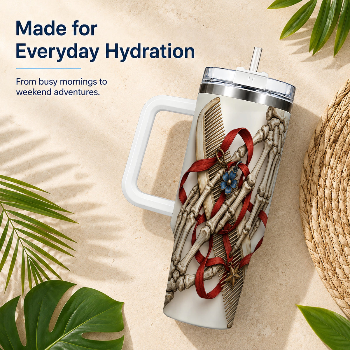 #pl[40oz|White] Skeleton Hands 40oz Tumbler with Handle, Hair Comb Travel Cup