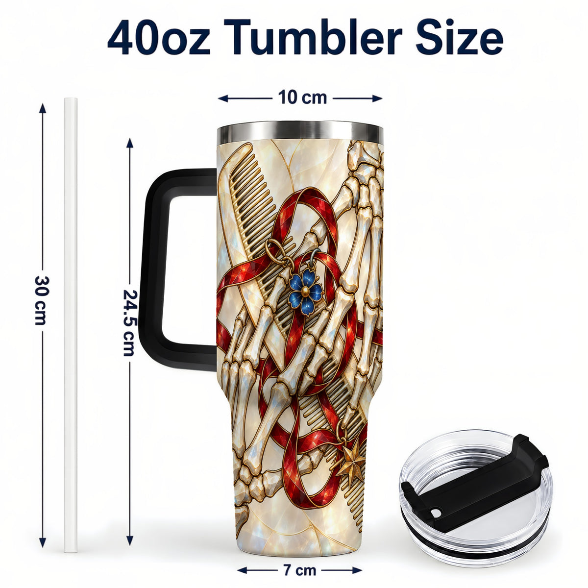 #pl[40oz|Black] Skeleton Hands 40oz Tumbler with Handle, Stained Glass Style Travel Cup