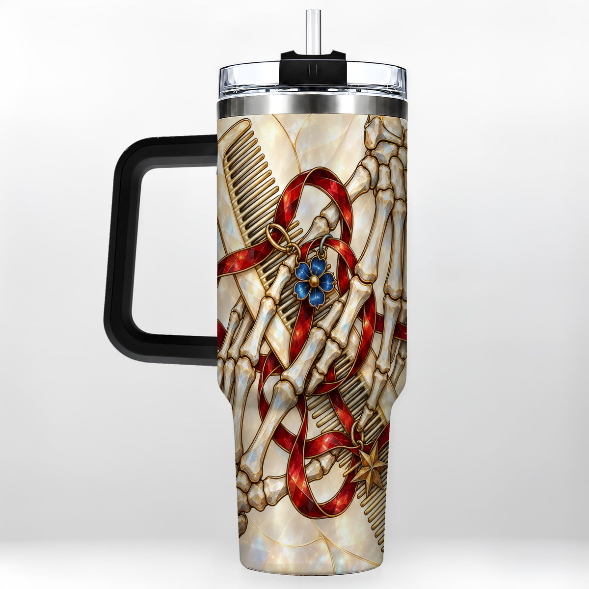 #pl[40oz|Black] Skeleton Hands 40oz Tumbler with Handle, Stained Glass Style Travel Cup