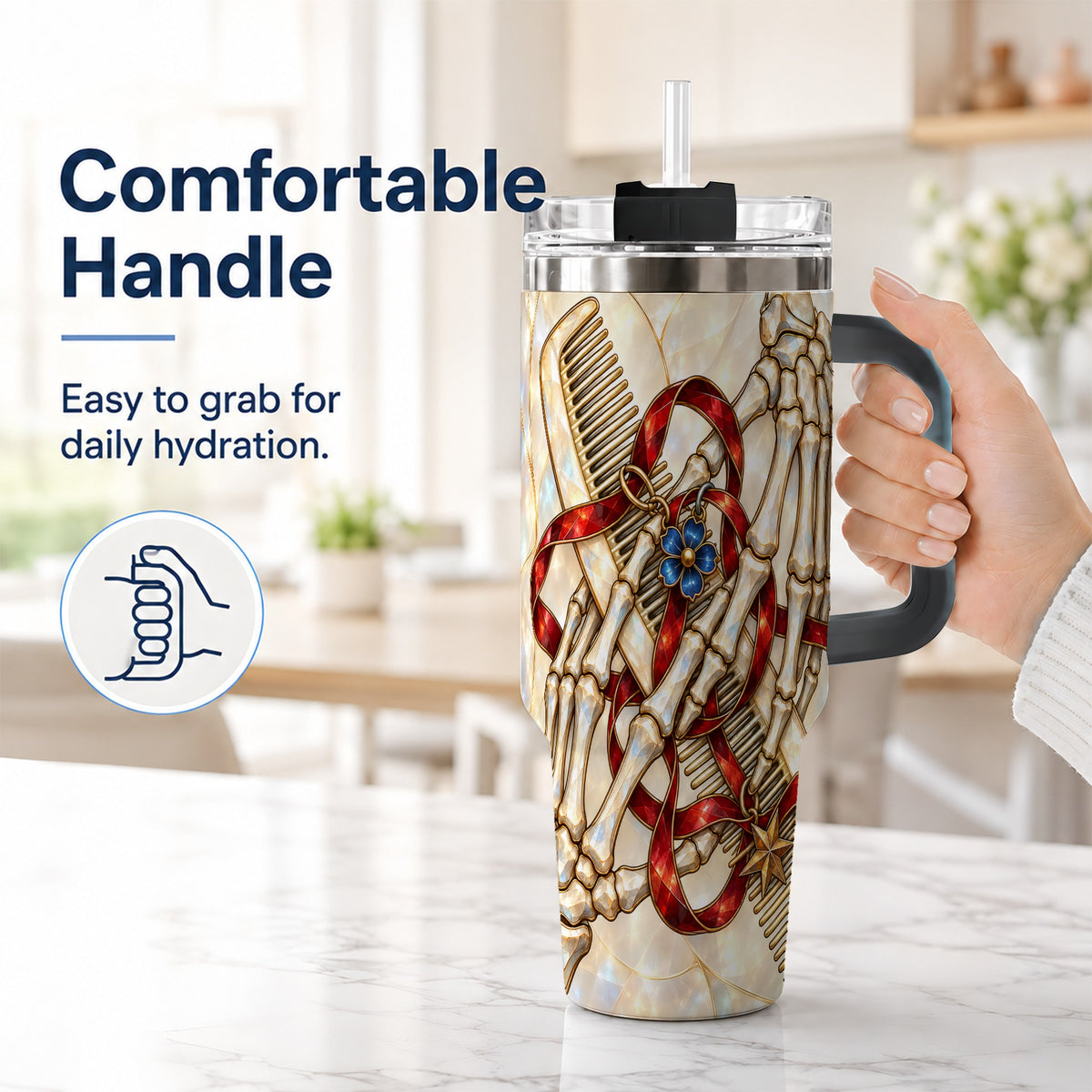 #pl[40oz|Black] Skeleton Hands 40oz Tumbler with Handle, Stained Glass Style Travel Cup