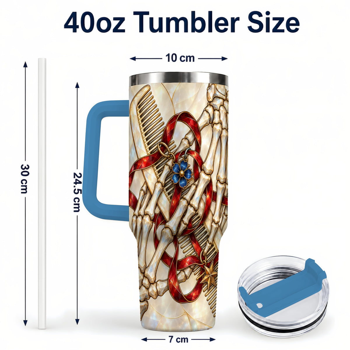 #pl[40oz|Blue] Skeleton Hands 40oz Tumbler with Handle, Stained Glass Style Travel Cup