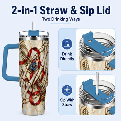 #pl[40oz|Blue] Skeleton Hands 40oz Tumbler with Handle, Stained Glass Style Travel Cup