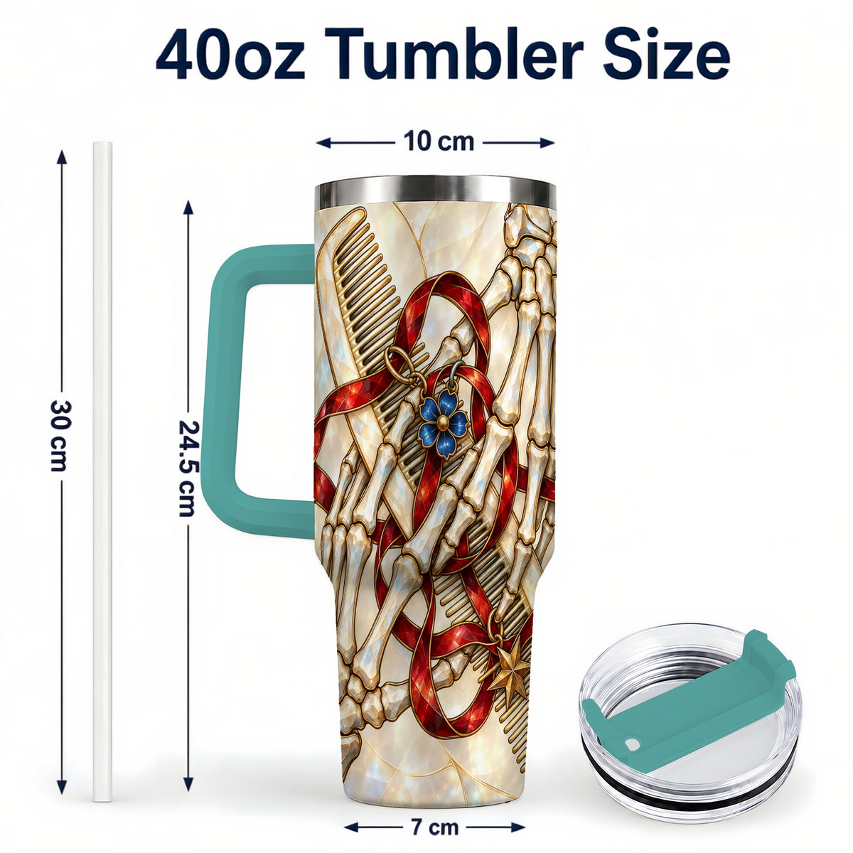 #pl[40oz|Green] Skeleton Hands 40oz Tumbler with Handle, Stained Glass Style Travel Cup
