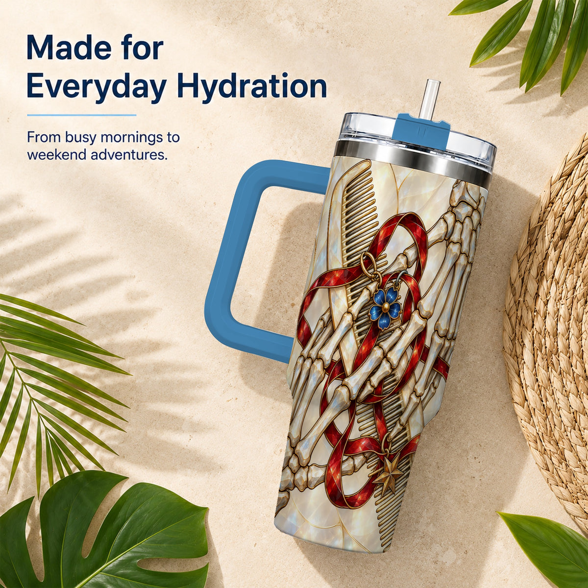 #pl[40oz|Blue] Skeleton Hands 40oz Tumbler with Handle, Stained Glass Style Travel Cup