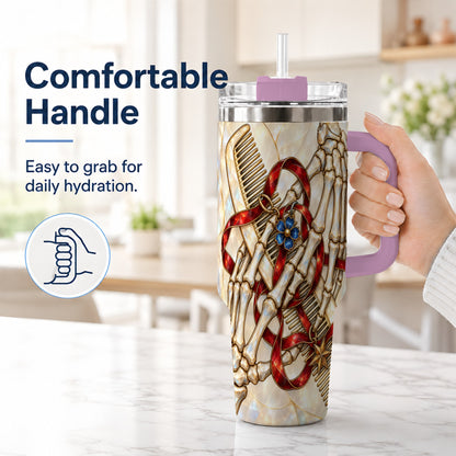 #pl[40oz|Pink] Skeleton Hands 40oz Tumbler with Handle, Stained Glass Style Travel Cup