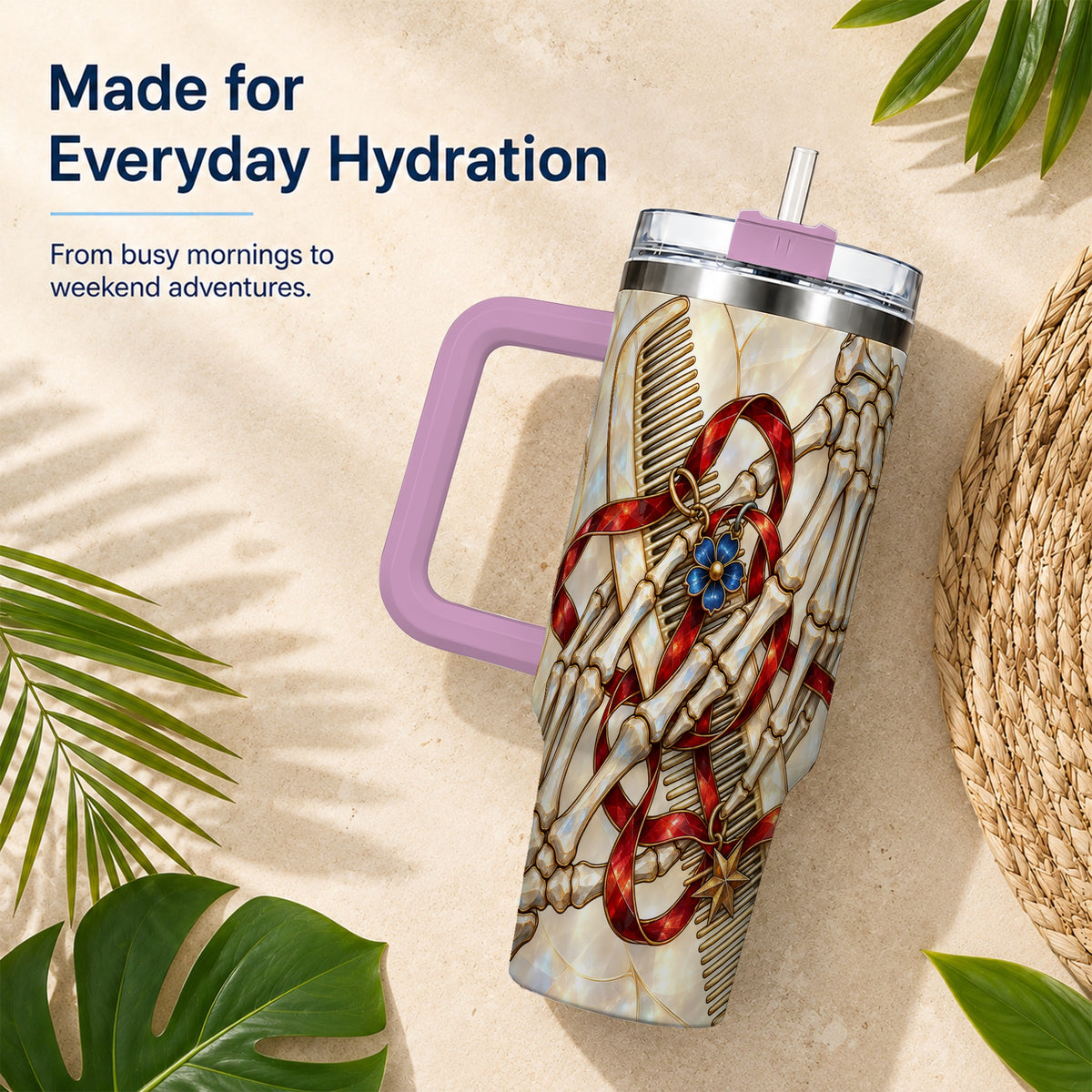 #pl[40oz|Pink] Skeleton Hands 40oz Tumbler with Handle, Stained Glass Style Travel Cup