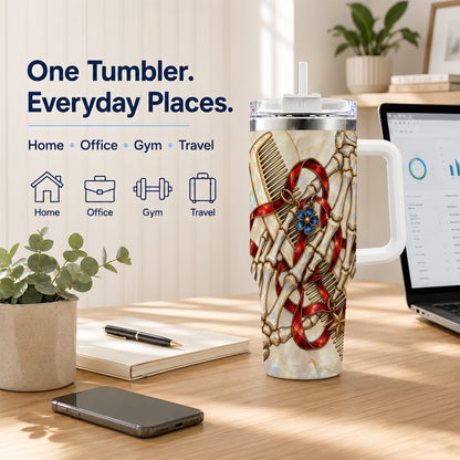 #pl[40oz|White] Skeleton Hands 40oz Tumbler with Handle, Stained Glass Style Travel Cup