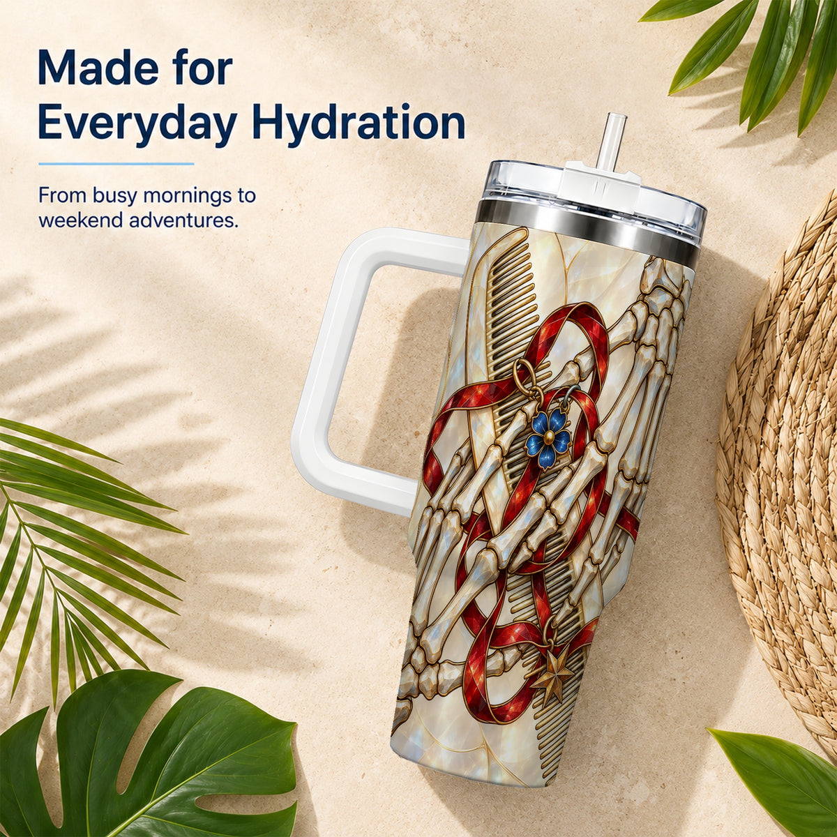 #pl[40oz|White] Skeleton Hands 40oz Tumbler with Handle, Stained Glass Style Travel Cup