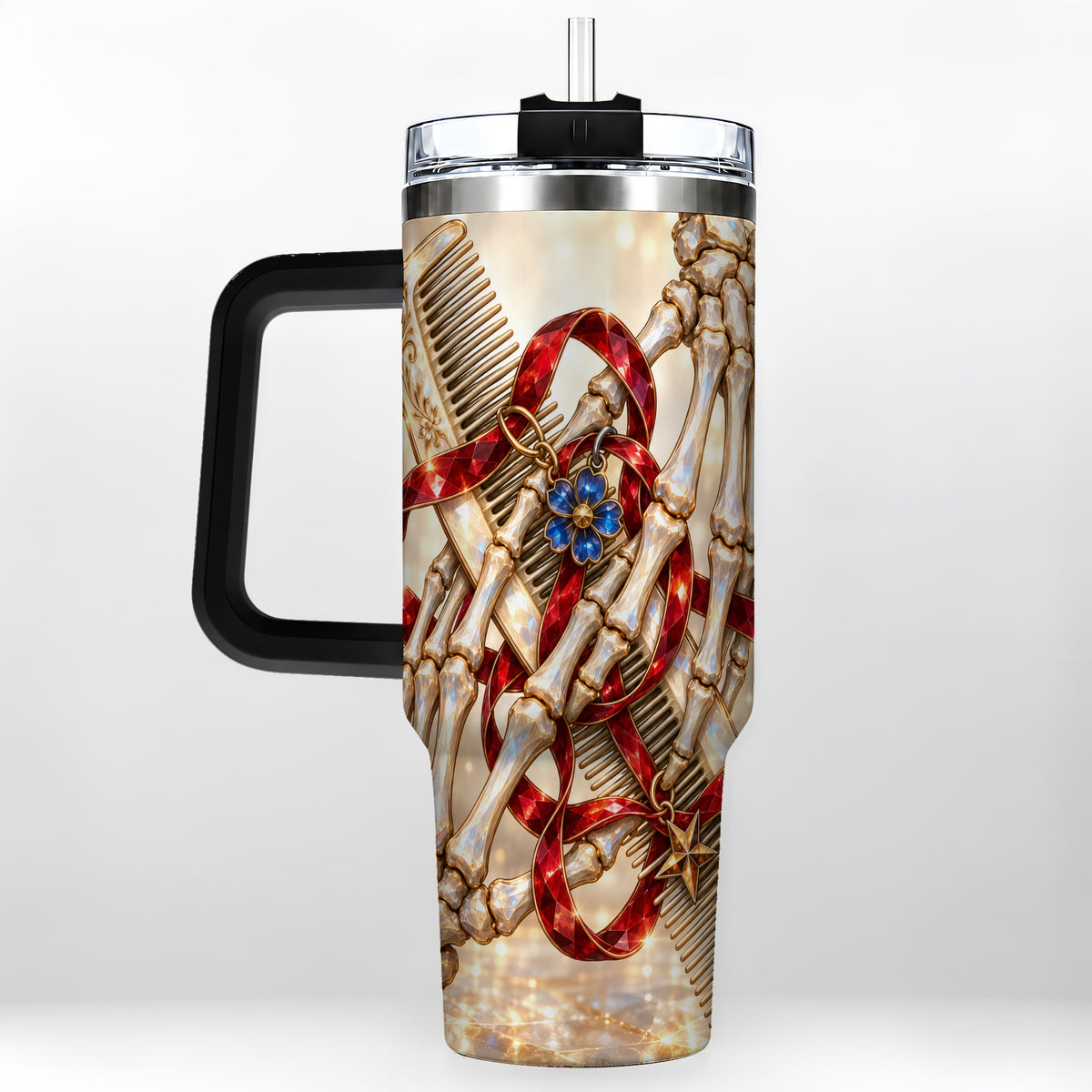 #pl[40oz|Black] Skeleton Hands 40oz Tumbler with Handle, Gemstone Hair Comb Travel Cup