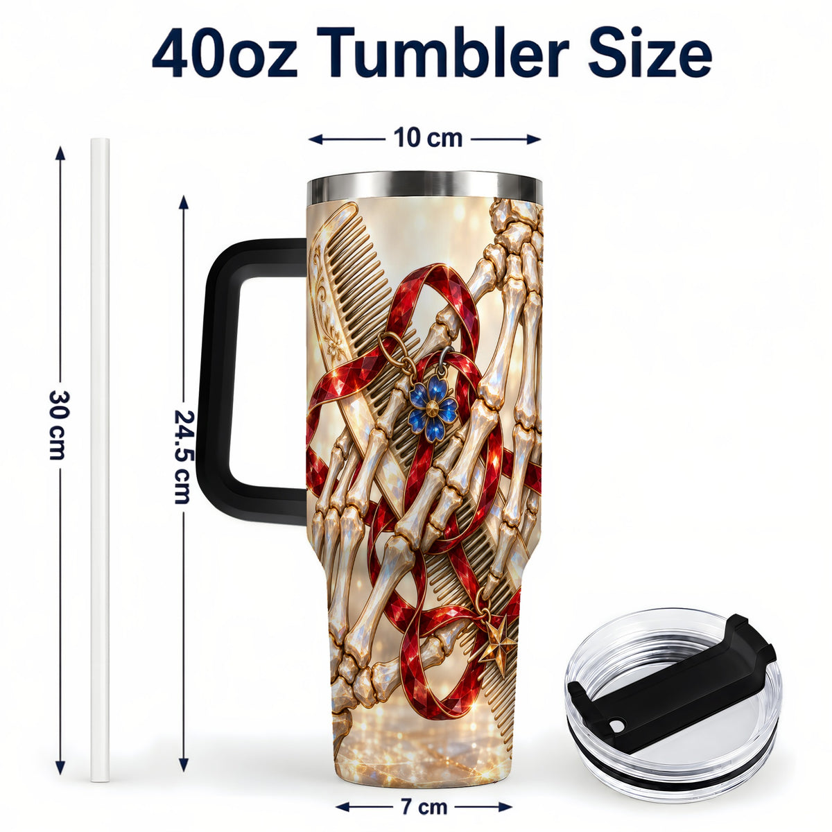 #pl[40oz|Black] Skeleton Hands 40oz Tumbler with Handle, Gemstone Hair Comb Travel Cup