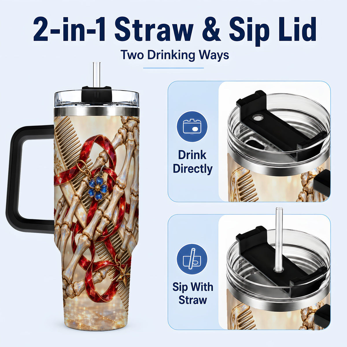 #pl[40oz|Black] Skeleton Hands 40oz Tumbler with Handle, Gemstone Hair Comb Travel Cup