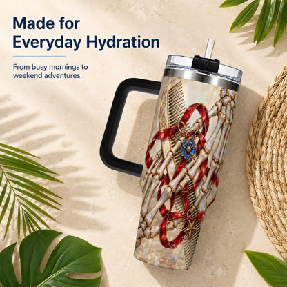 #pl[40oz|Black] Skeleton Hands 40oz Tumbler with Handle, Gemstone Hair Comb Travel Cup