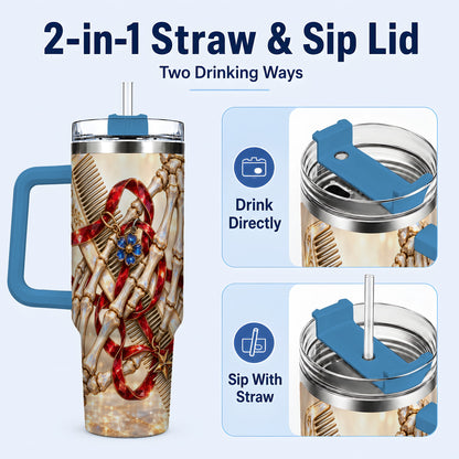 #pl[40oz|Blue] Skeleton Hands 40oz Tumbler with Handle, Gemstone Hair Comb Travel Cup