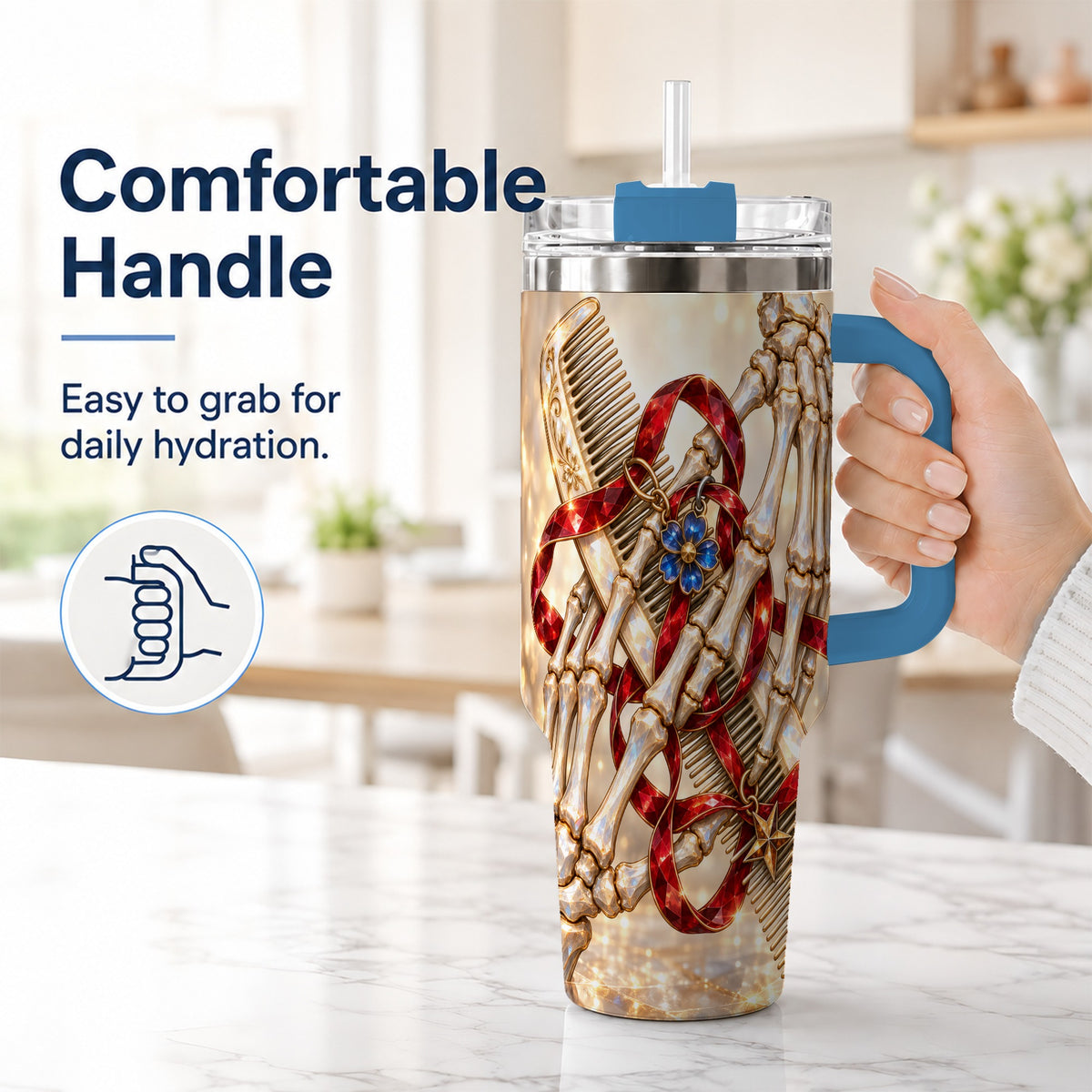 #pl[40oz|Blue] Skeleton Hands 40oz Tumbler with Handle, Gemstone Hair Comb Travel Cup