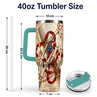 #pl[40oz|Green] Skeleton Hands 40oz Tumbler with Handle, Gemstone Hair Comb Travel Cup