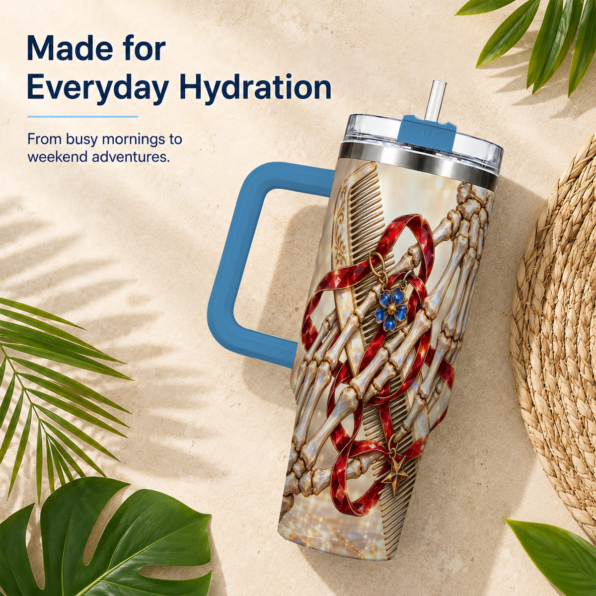 #pl[40oz|Blue] Skeleton Hands 40oz Tumbler with Handle, Gemstone Hair Comb Travel Cup