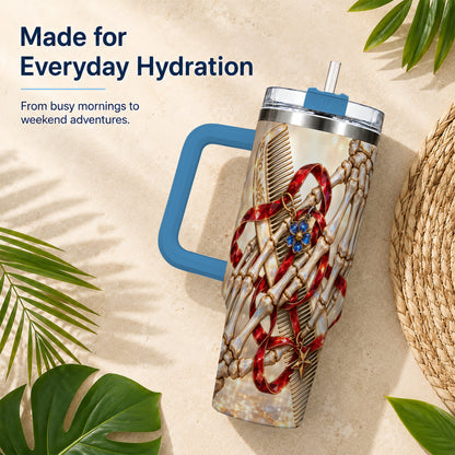 #pl[40oz|Blue] Skeleton Hands 40oz Tumbler with Handle, Gemstone Hair Comb Travel Cup
