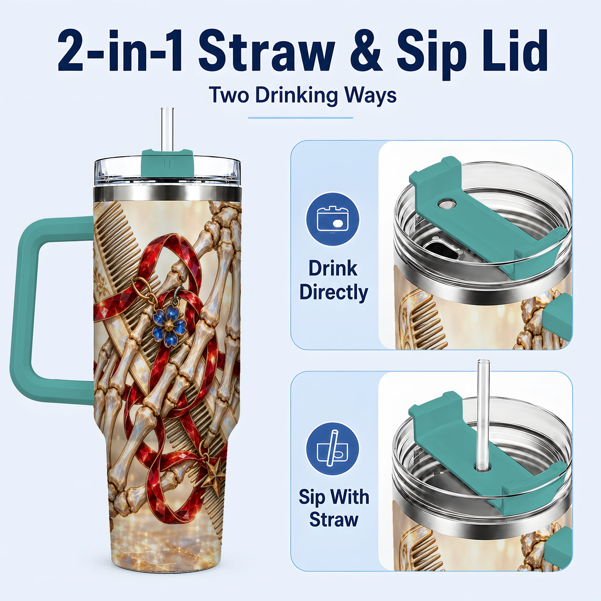 #pl[40oz|Green] Skeleton Hands 40oz Tumbler with Handle, Gemstone Hair Comb Travel Cup