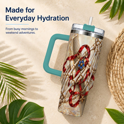 #pl[40oz|Green] Skeleton Hands 40oz Tumbler with Handle, Gemstone Hair Comb Travel Cup