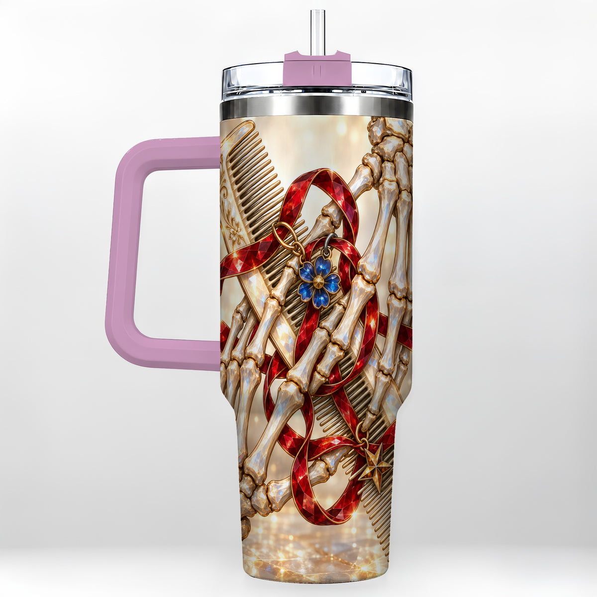 #pl[40oz|Pink] Skeleton Hands 40oz Tumbler with Handle, Gemstone Hair Comb Travel Cup
