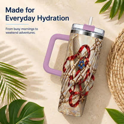 #pl[40oz|Pink] Skeleton Hands 40oz Tumbler with Handle, Gemstone Hair Comb Travel Cup