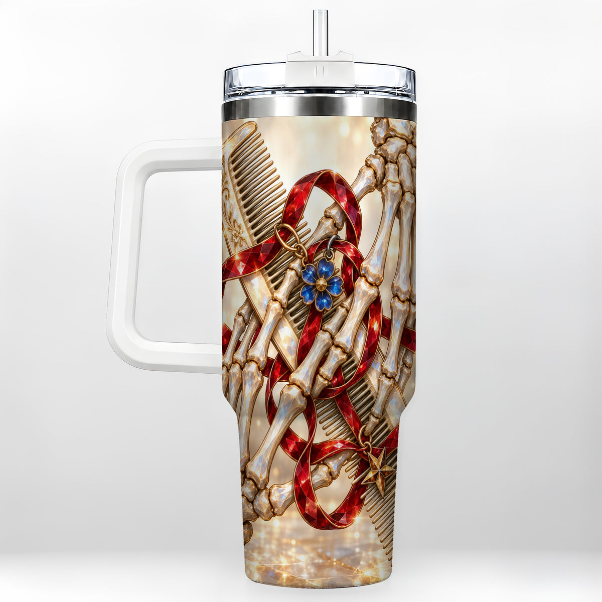 Skeleton Hands 40oz Tumbler with Handle, Gemstone Hair Comb Travel Cup