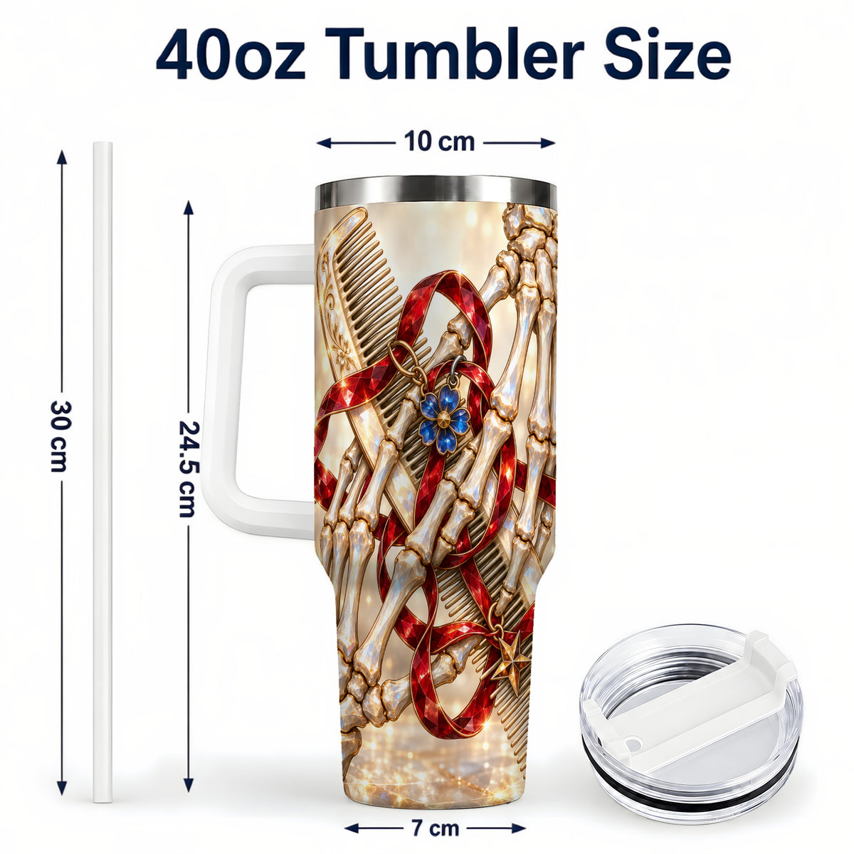 #pl[40oz|White] Skeleton Hands 40oz Tumbler with Handle, Gemstone Hair Comb Travel Cup