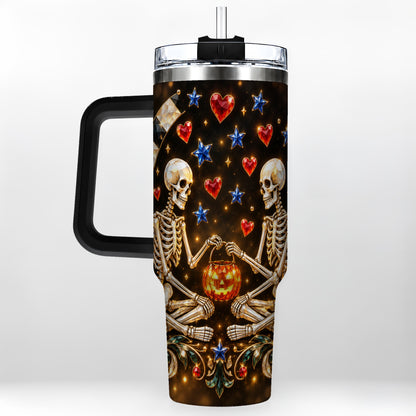 #pl[40oz|Black] Skeleton Couple 40oz Tumbler with Handle, Pumpkin Hearts Travel Cup