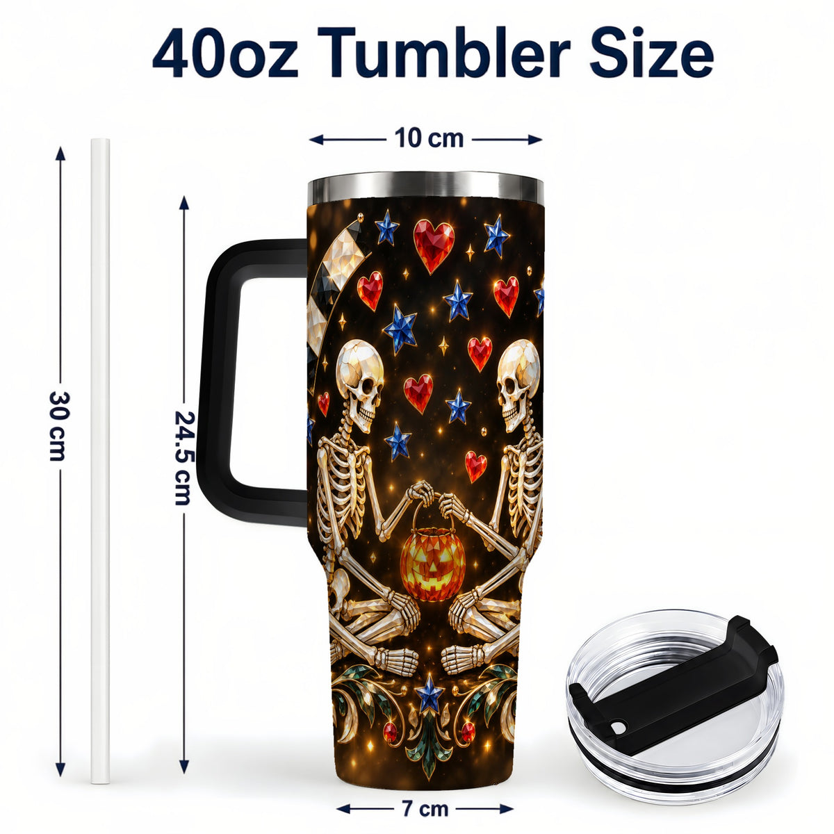 #pl[40oz|Black] Skeleton Couple 40oz Tumbler with Handle, Pumpkin Hearts Travel Cup
