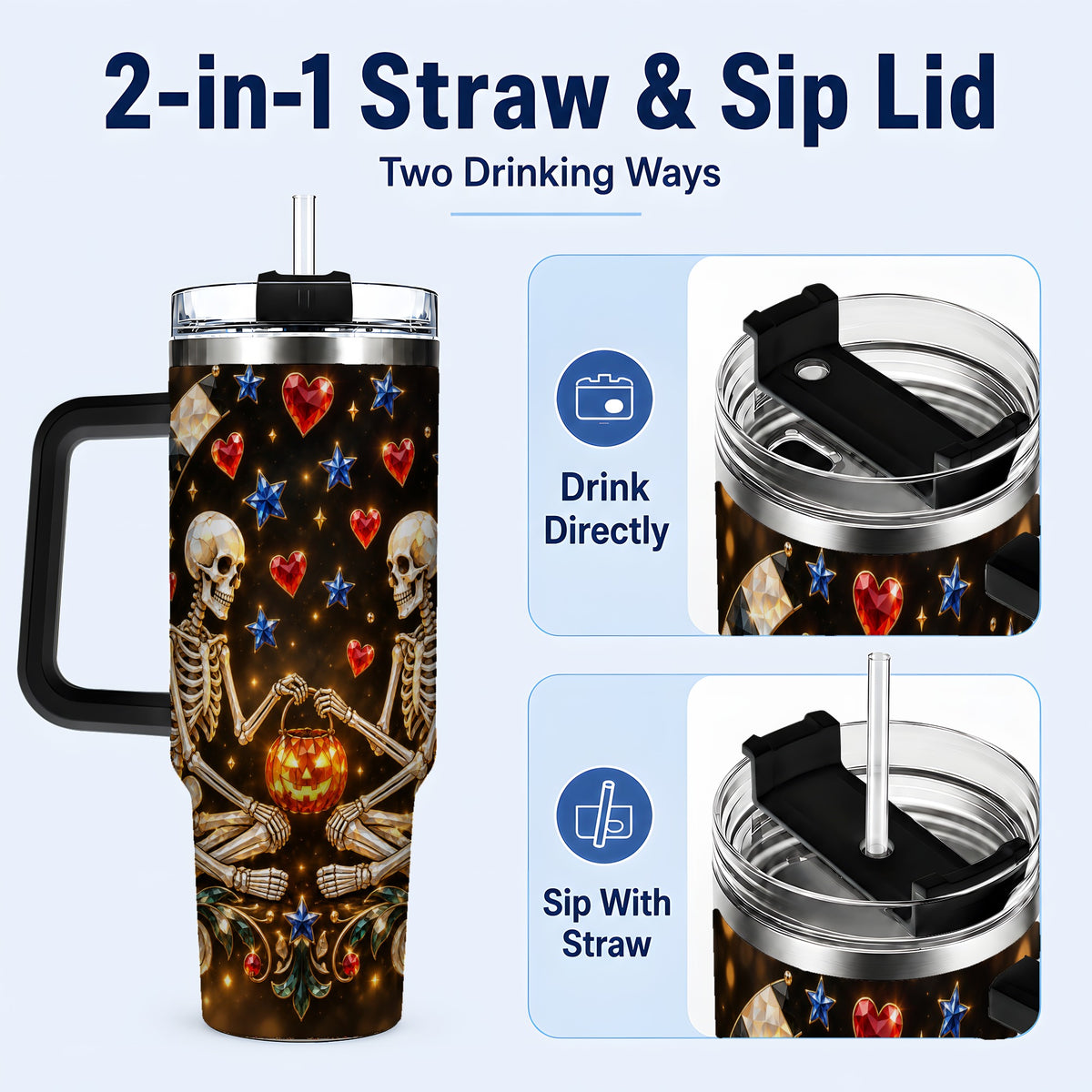 #pl[40oz|Black] Skeleton Couple 40oz Tumbler with Handle, Pumpkin Hearts Travel Cup