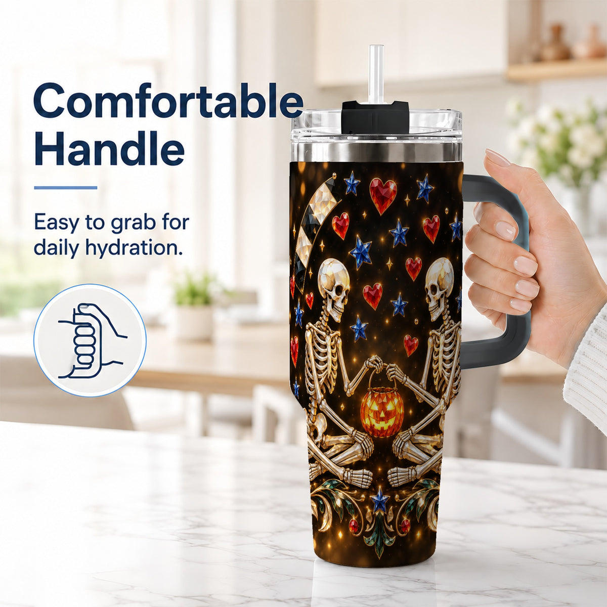 #pl[40oz|Black] Skeleton Couple 40oz Tumbler with Handle, Pumpkin Hearts Travel Cup