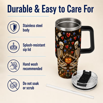 #pl[40oz|Black] Skeleton Couple 40oz Tumbler with Handle, Pumpkin Hearts Travel Cup